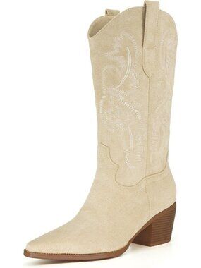 Women's Beige Microsuede Cow Girl Knee High Pointed Toe Block Heel Boots